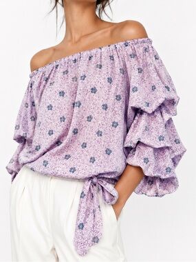 VINCE CAMUTO Silky Lavender Purple Off-Shoulder Floral Tie-Hem Blouse Top